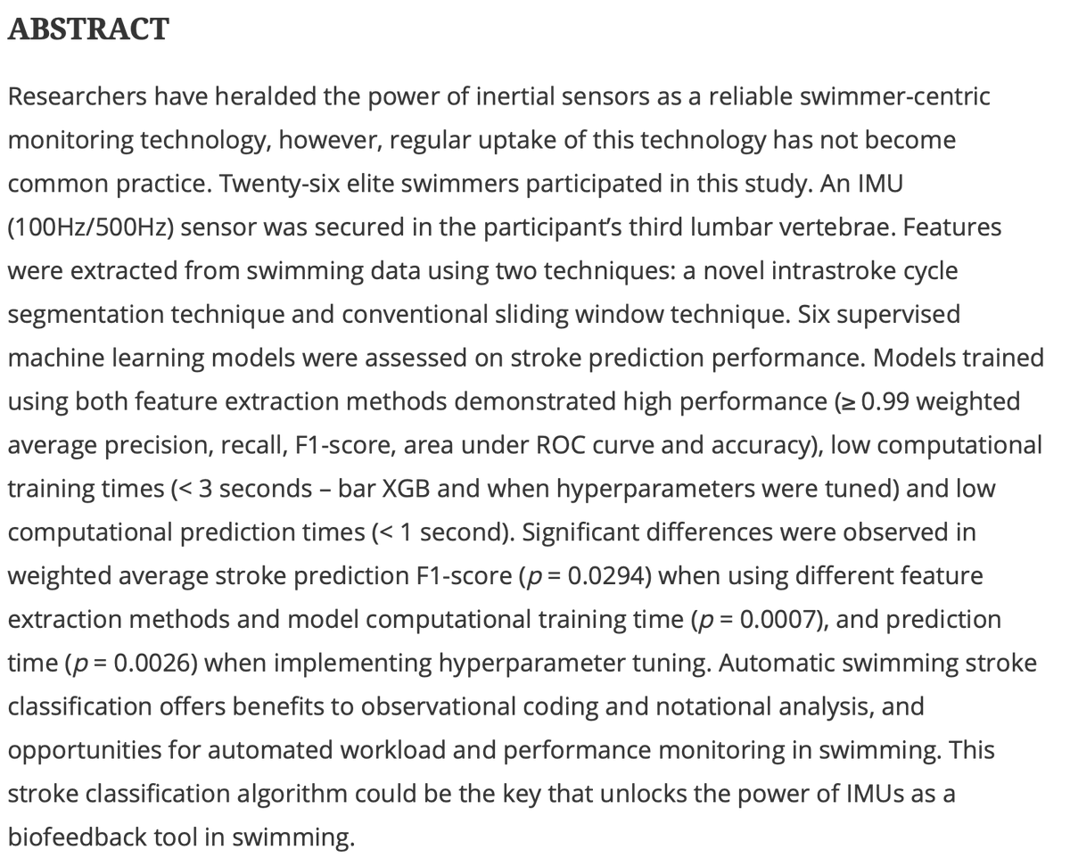 Journal of Sports Sciences (@jsportssci) on Twitter photo π¨NEW PAPER ONLINEπ¨
ππ»ββοΈSection: Sports performance
ππΎIs machine learning and automatic classification of swimming data what unlocks the power of inertial measurement units in swimming? by <a href="/WorseyMatthew/">Matthew Worsey</a>
tandfonline.com/doi/full/10.10β¦ π¨NEW PAPER ONLINEπ¨
ππ»ββοΈSection: Sports performance
ππΎIs machine learning and automatic classification of swimming data what unlocks the power of inertial measurement units in swimming? by <a href="/WorseyMatthew/">Matthew Worsey</a>
tandfonline.com/doi/full/10.10β¦