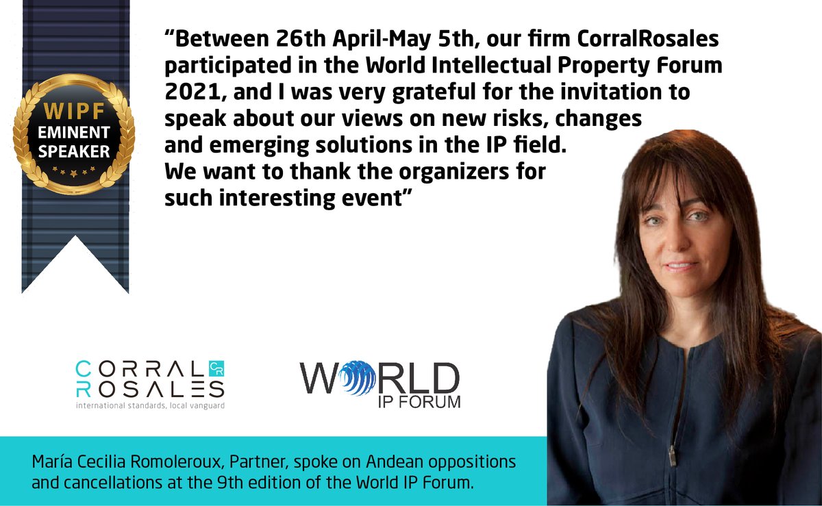 CorralRosalesEc's tweet photo. Recently, our partner María Cecilia Romoleroux acted as speaker at the ninth edition of the World IP Forum.
We want to thank the organizers for the opportunity to share our views on Andean oppositions and cancellations at this event.
#WorldIPforum https://t.co/bt5qpbVH4b