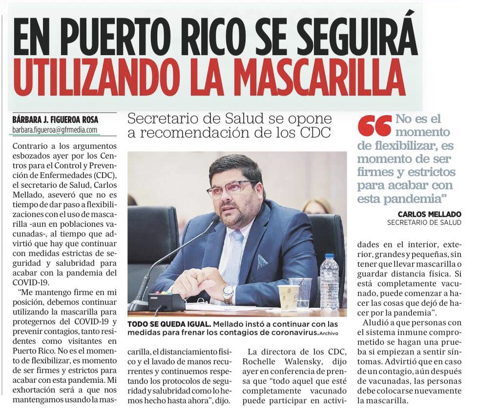 lafortalezadepr's tweet photo. El @prsecsalud, Carlos Mellado, aseguró que no es tiempo de flexibilizar el uso de mascarilla aún en poblaciones vacunadas, al tiempo que advirtió que hay que continuar con medidas estrictas de salubridad para acabar con la pandemia de COVID-19 | vía @primerahora https://t.co/JXsdCgbd5F