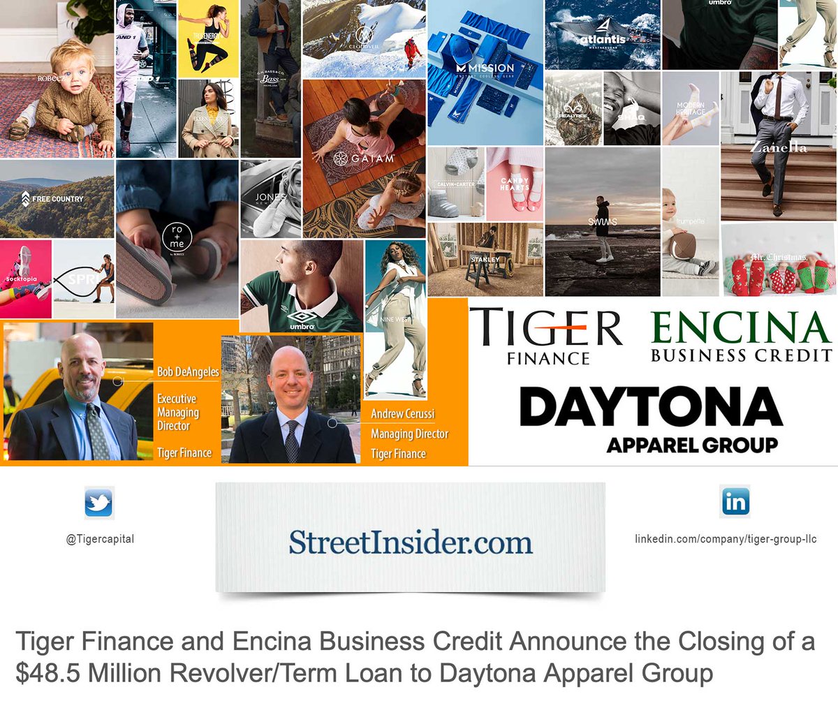 Tiger Finance and Encina Business Credit Announce the Closing of a $48.5 Million Revolver/Term Loan to Daytona Apparel Group
- READ MORE--> lnkd.in/gqvWUWW #TermLending #revolvercredit #retailfinance #TigerFinance