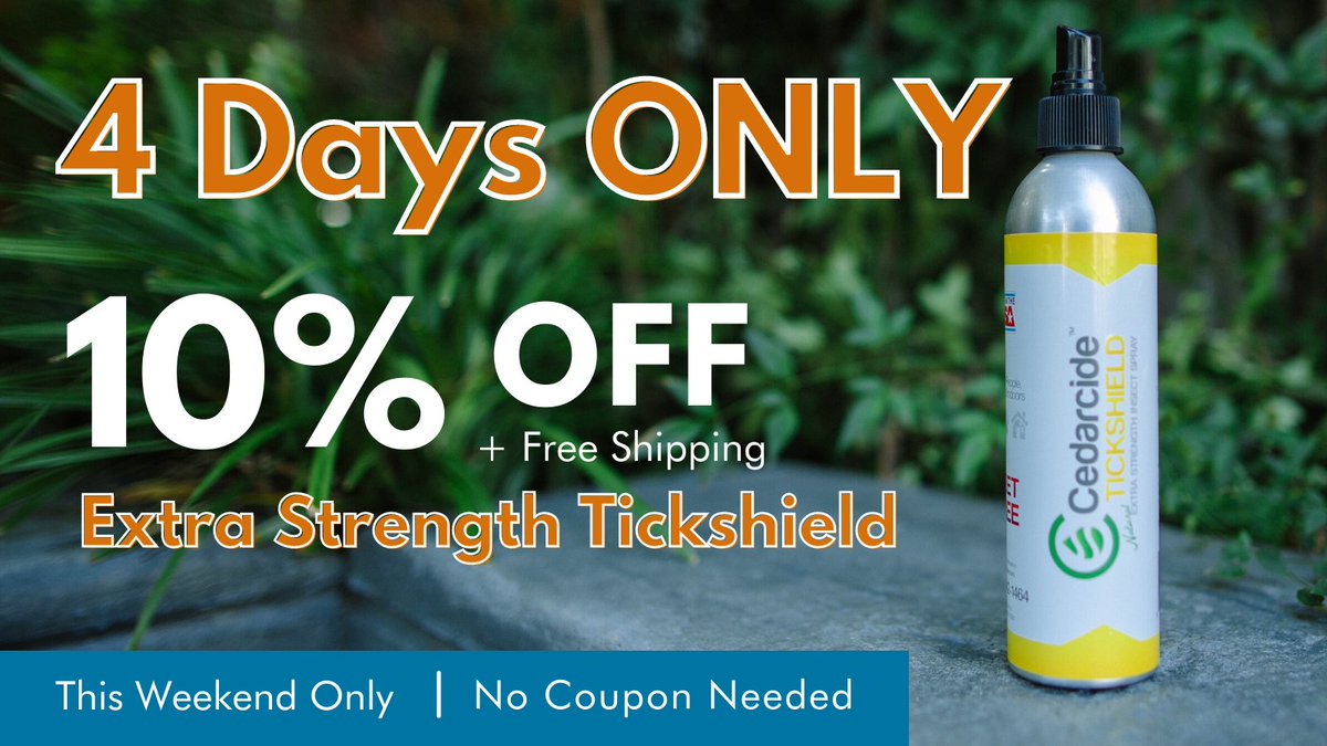 realcedarcide's tweet photo. 10% off ALL Extra Strength Tickshield for the next 4 days! People, pet, and planet friendly bug spray.
👩‍👩‍👧‍👦🐶🌎💚

https://t.co/WcTQ0EuBih https://t.co/3dB6bP4fsB