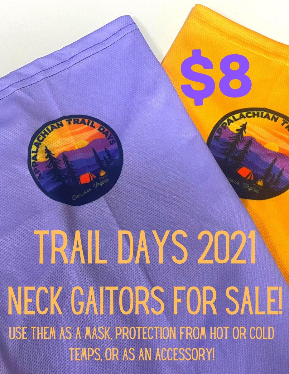 ExploreDamascus's tweet photo. Happy Trail Days! In addition to our 2021 Trail Days shirts, we also have neck gaitors for sale! They are $8.00 each and come in three colors: sky blue, sunburst, and lavender https://t.co/vs6jBBoUow