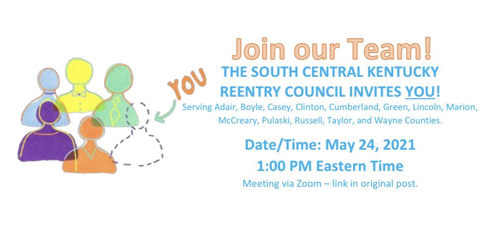 Mark your calendars today and join us! 😃#KentuckyReentry

Topic: South Central Kentucky Reentry Council
Time: May 24, 2021 01:00 PM Eastern Time
 
Join Zoom Meeting
zoom.us/j/92410850474?…
 
Meeting ID: 924 1085 0474
Passcode: SCKY2021