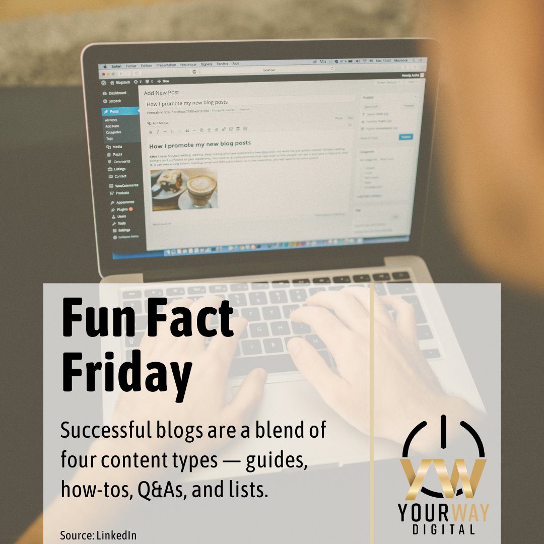YourWayDigi's tweet photo. If you are struggling to come up with topics for your business blog, start with these content types and work backwards from there!
#YourWayDigital #Blog #DigitalMarketing #MarketingTips #MarketingTricks #ContentMarketing #FunFactFriday #Blogging #SEO #Marketing https://t.co/ZZ1Lelm1fV