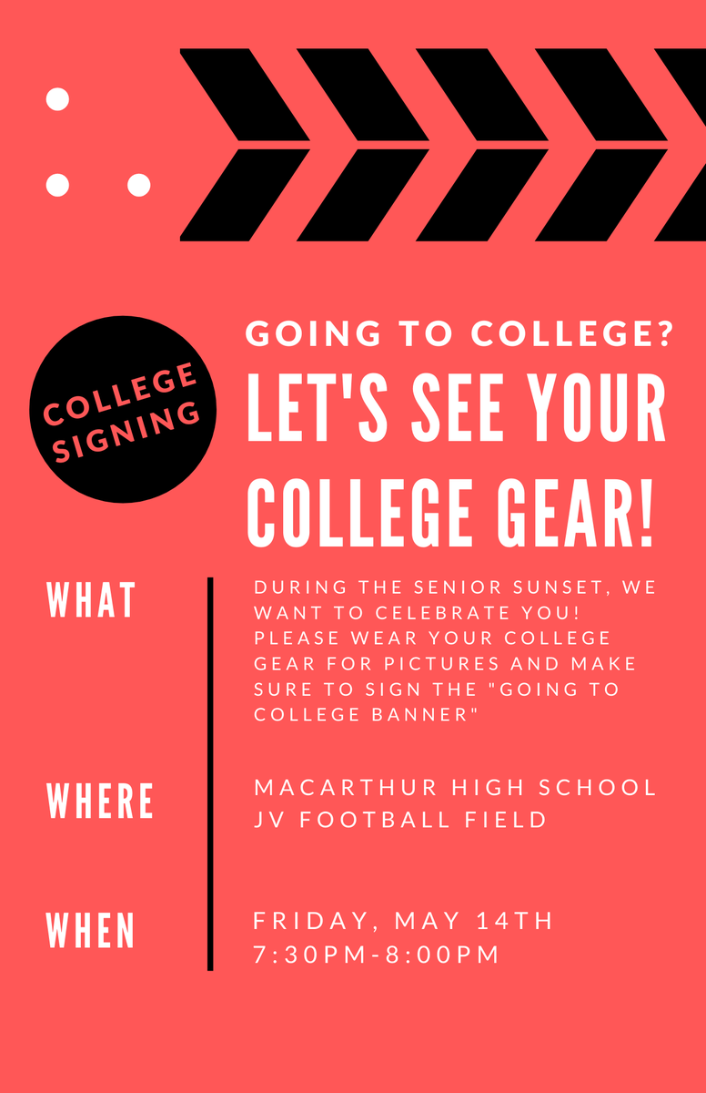 See you tonight in repping your college gear! 7:30 on the football field <a href="/MacArthurCards/">MacArthur HS</a> <a href="/MacArthurStuCo/">MacArthur StuCo</a>