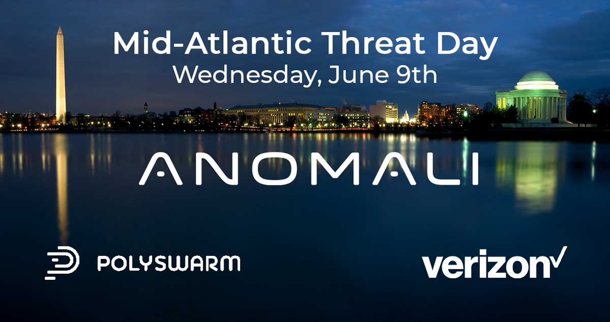 Anomali's tweet photo. Join @Anomali, @PolySwarm and @VerizonBusiness Threat Research Advisory Center at "Mid-Atlantic Threat Day". 
Date: 9th June 2021
Time: 11am - 12:30pm EDT
#cti #threatintel #cybersecurity #ransomware #anomali #polyswarm #verizon
Register: https://t.co/ZY8RDYKPCA https://t.co/14WbqhRbwu