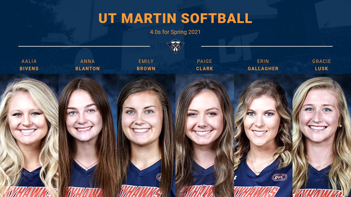 UTM Compliance & Academics (@skyhawkrules) on Twitter photo 6 student-athletes from <a href="/UTM_Softball/">UT Martin Softball</a> had 4.0s this Spring 2021 semester. Congratulation ladies! #GoSkyhawks #SkyhawkNation #SkyhawkProud #SkyhawkAcademics 6 student-athletes from <a href="/UTM_Softball/">UT Martin Softball</a> had 4.0s this Spring 2021 semester. Congratulation ladies! #GoSkyhawks #SkyhawkNation #SkyhawkProud #SkyhawkAcademics