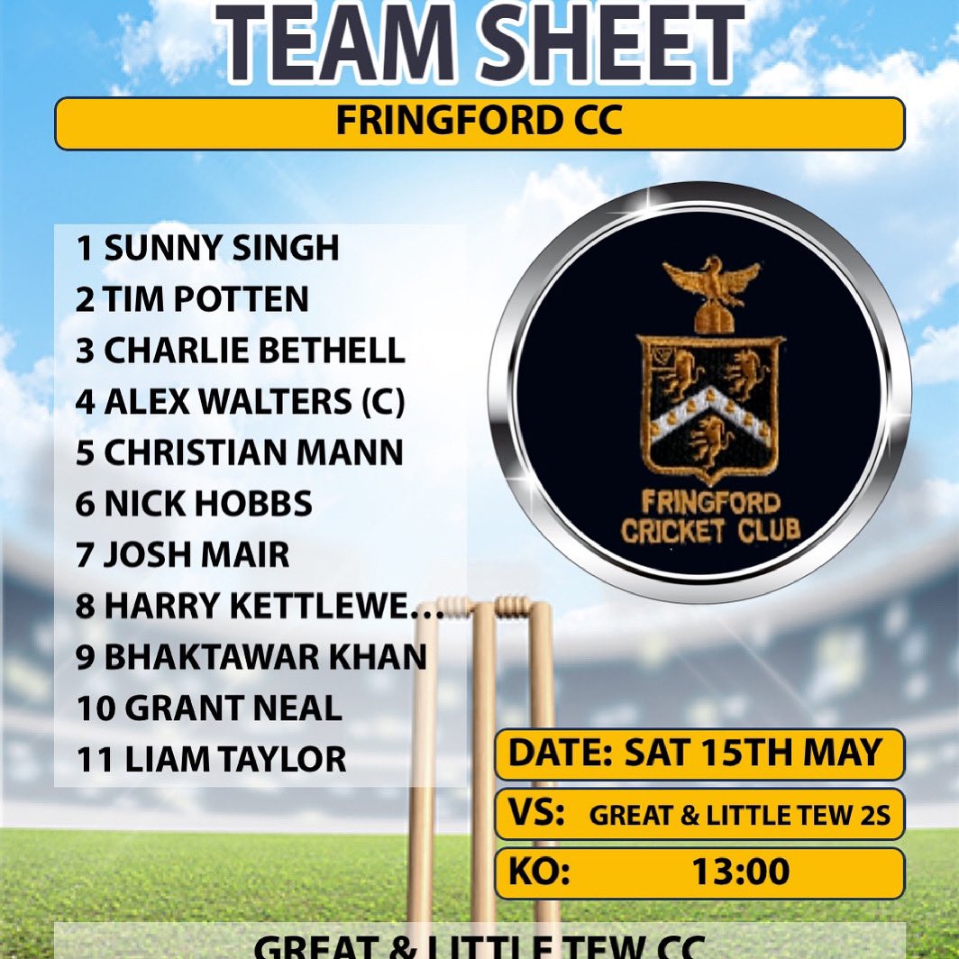 Team for Saturday, come on Fringers!  <a href="/Cherwellcricket/">Cherwell Cricket League</a> #cricket #fringford #greattew #cherwellcricket