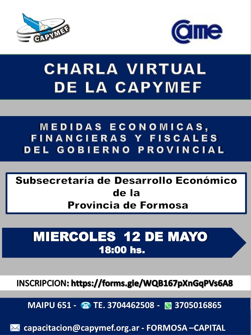 Se llevó a cabo la charla entre la <a href="/capymef/">CAPYMEF</a> y el <a href="/GobiernoFormosa/">Gobierno de Formosa</a> <a href="/MinEcoFsa/">Ministerio de Economía de Formosa</a> Expusieron el Subsecretario de Desarrollo Económico Horacio Cosenza, la Dirección General de Rentas y el Banco de Formosa.