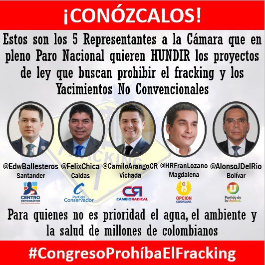 DanielSamperO's tweet photo. No se sabe si es una desconexión o una provocación: increíble que en esta situación insistan en esto... #CongresoProhibaElFracking... Por favor RT https://t.co/xpXDAcrZNj