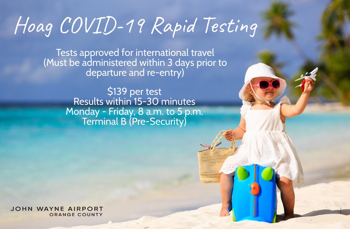 JohnWayneAir's tweet photo. #FlySomewhereNew this summer! Plan a @SouthwestAir weekend flight to Cabo or Puerto Vallarta, receive a negative #COVID19 Rapid Test by @hoaghealth in the Terminal before your Friday flight, and you’re cleared for re-entry on Sunday.
More info: https://t.co/FRLDIjagXb https://t.co/ZTOsR2qr7M