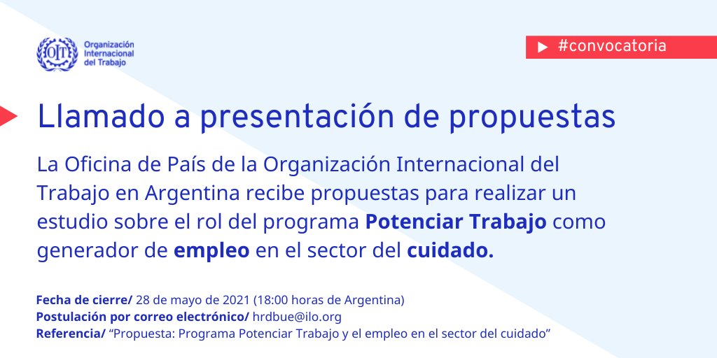 OITArgentina's tweet photo. #Convocatoria‼️

La @OITArgentina recibe propuestas para realizar un estudio sobre el potencial del programa #PotenciarTrabajo como generador de empleo en el sector del cuidado.

🗓️ Plazo: hasta el 28 de mayo.

Encontrá los términos de referencia en ⬇️ https://t.co/cZwxLqVvO6 https://t.co/6xHYg2idUV