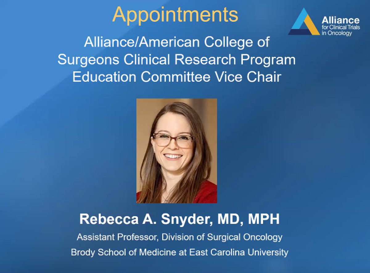 ALLIANCE_org's tweet photo. Congratulations to .@RSnyder_MD .@ECUBrodySOM ! Appointed @ALLIANCE_org American College of Surgeons Clinical Research Program Education Committee Vice Char. #AllianceSpring2021 #NCI #NCTN #NCORP #CancerResearch https://t.co/iJgradGW97