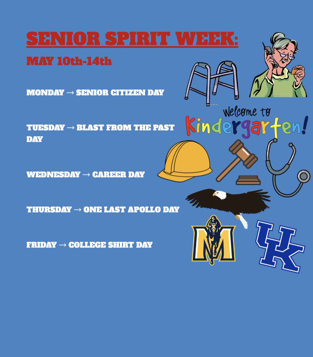 ATTENTION SENIORS: We are having SENIOR SPIRIT WEEK next week for our last week of school!! We will also be having some senior activities this week, so stay tuned!!