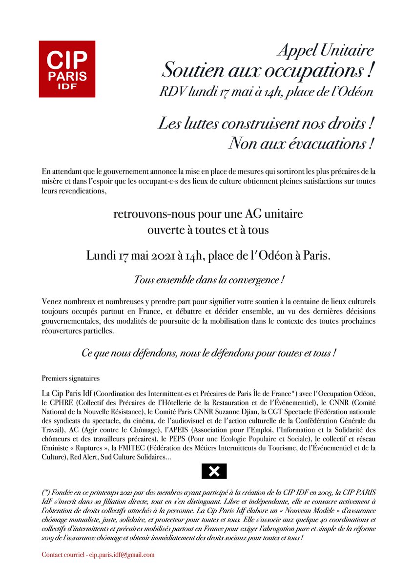 Venez soutenir les lieux culturels occupés autour d'une AG unitaire lundi 17 mai à 14h, place de l'Odéon à Paris - Toutes et tous unis sous les parapluies !