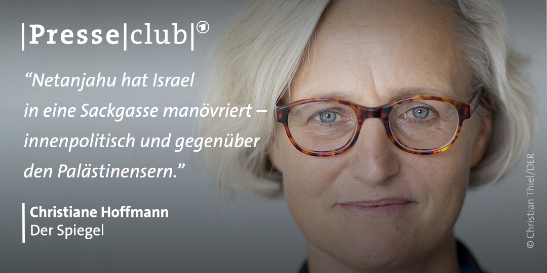 ARD_Presseclub's tweet photo. Netanjahu tue alles, um die palästinensische Bevölkerung zu vertreiben und Israelis in ihren Gebieten anzusiedeln, meint @HoffmannSpiegel. An eine Zweitstaatenlösung glaubt sie nicht mehr. #presseclub https://t.co/kDnDNJe8v5