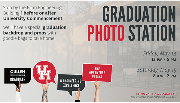 UHEngineering's tweet photo. TODAY: #UHEngineering's graduation photo station & goodie bag pick up in 'The Pit' is this afternoon from 12-6pm to celebrate commencement weekend for our #UHEngineeringGrad21! For more info on commencement, visit: https://t.co/lxUufhQr5H https://t.co/K7x9HxbDxG