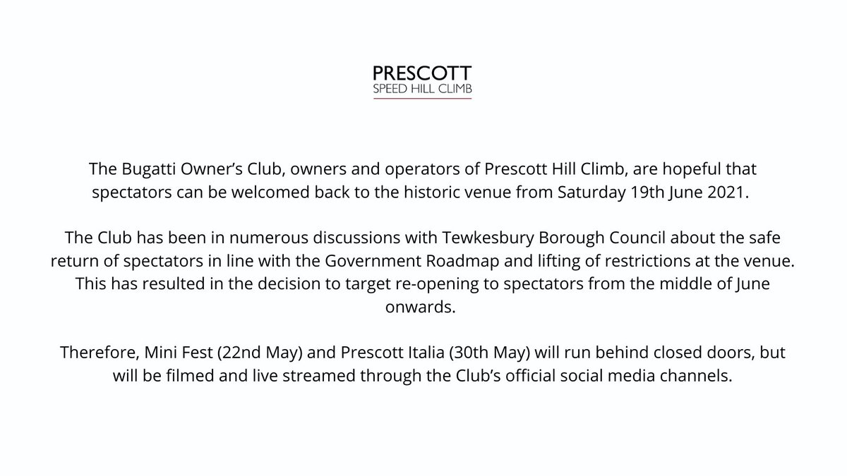 📢 𝙎𝙥𝙚𝙘𝙩𝙖𝙩𝙤𝙧 𝙎𝙩𝙖𝙩𝙚𝙢𝙚𝙣𝙩 📢 Prescott Hill Climb plans to welcome back spectators from Saturday 19th June 2021. We look forward to seeing you all back at the hill very soon!👋