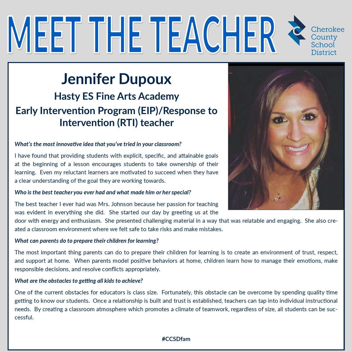 CherokeeSchools's tweet image. We’re proud of our CCSD family’s dedicated teachers … and every week, you’ll get to know one of them better through a Q&amp;amp;A posted here. #CCSDfam #CCSDunited