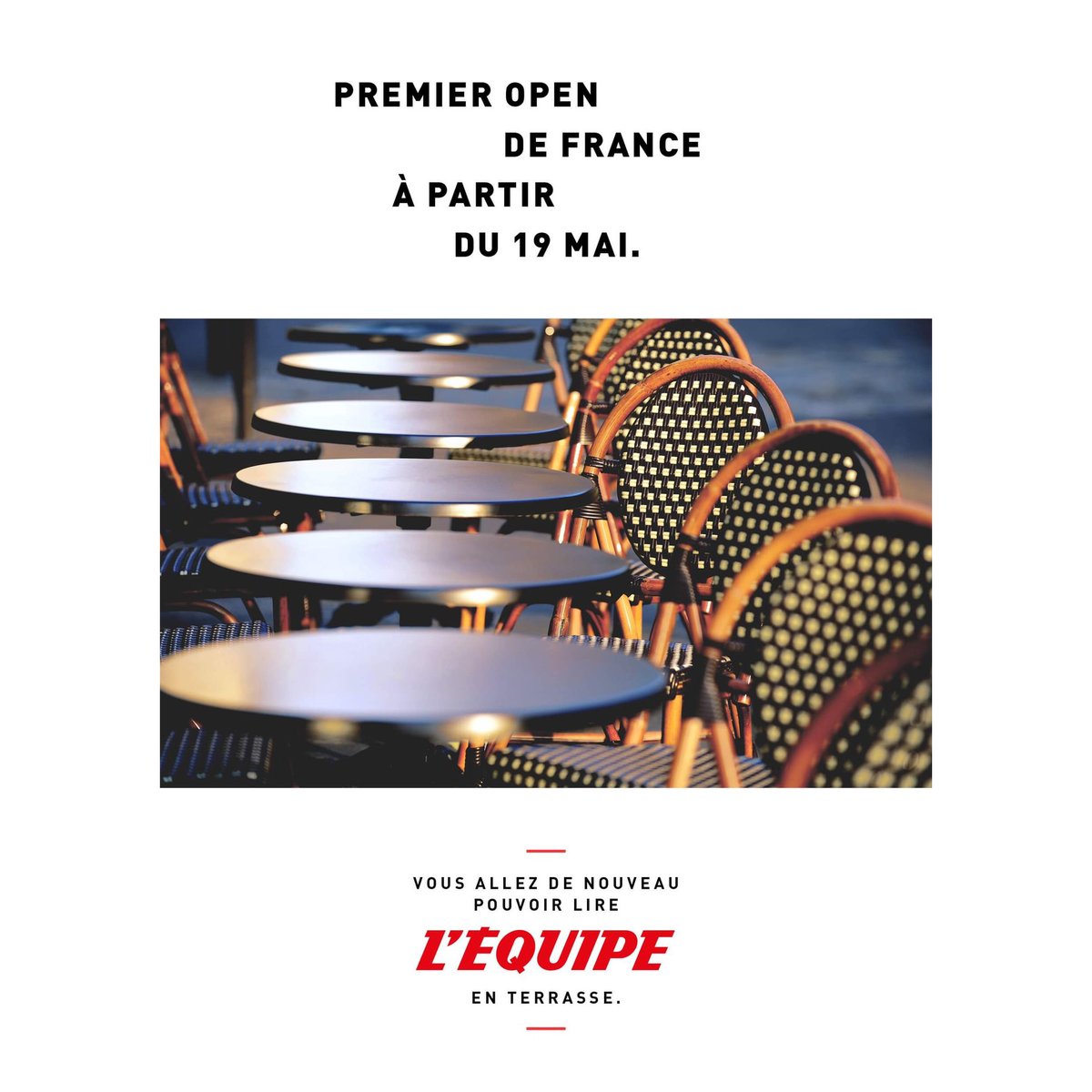 creapills's tweet photo. Quand le journal "L'Équipe" communique sur la réouverture des terrasses le 19 mai 💡

Agence : @DDBParis https://t.co/gzNwcrmjff