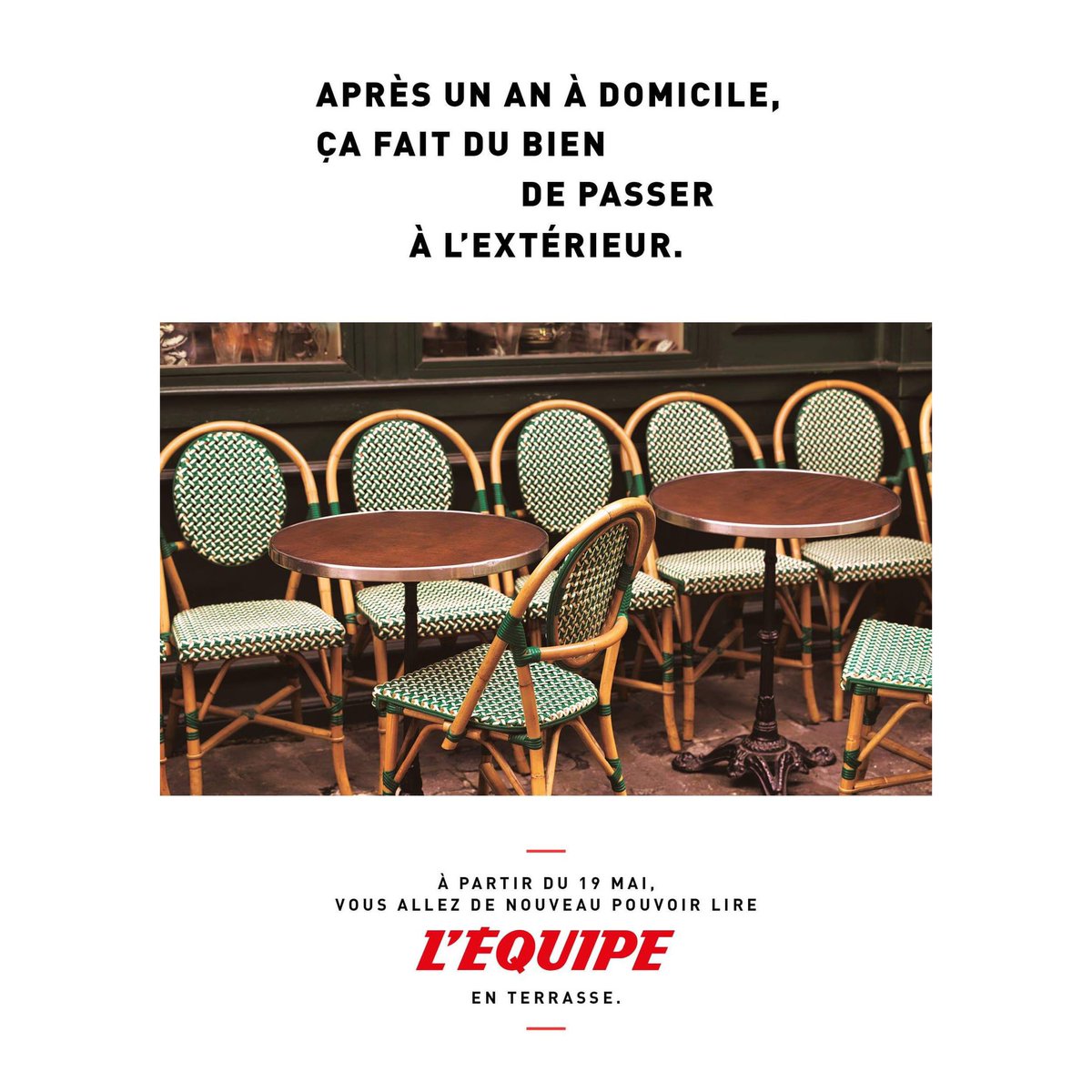 Quand le journal "L'Équipe" communique sur la réouverture des terrasses le 19 mai 💡

Agence : <a href="/DDBParis/">DDB Paris</a>