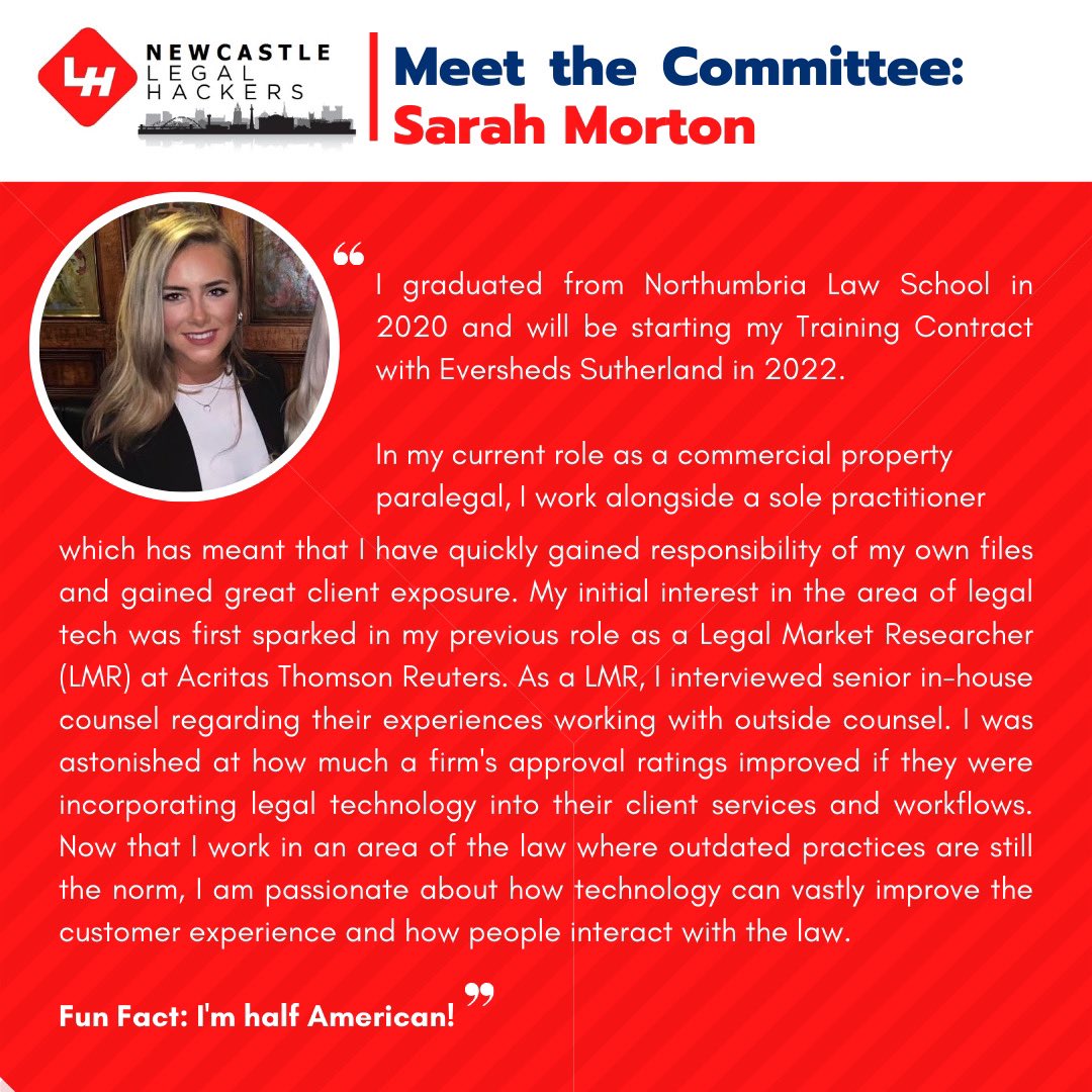 Newcastle Legal Hackers meet the committee series!   We would like to introduce ourselves properly in our ‘meet the committee’ series! Here you will get the chance to get to know the Newcastle Legal Hackers organising team! Our first committee member is Sarah Morton!
