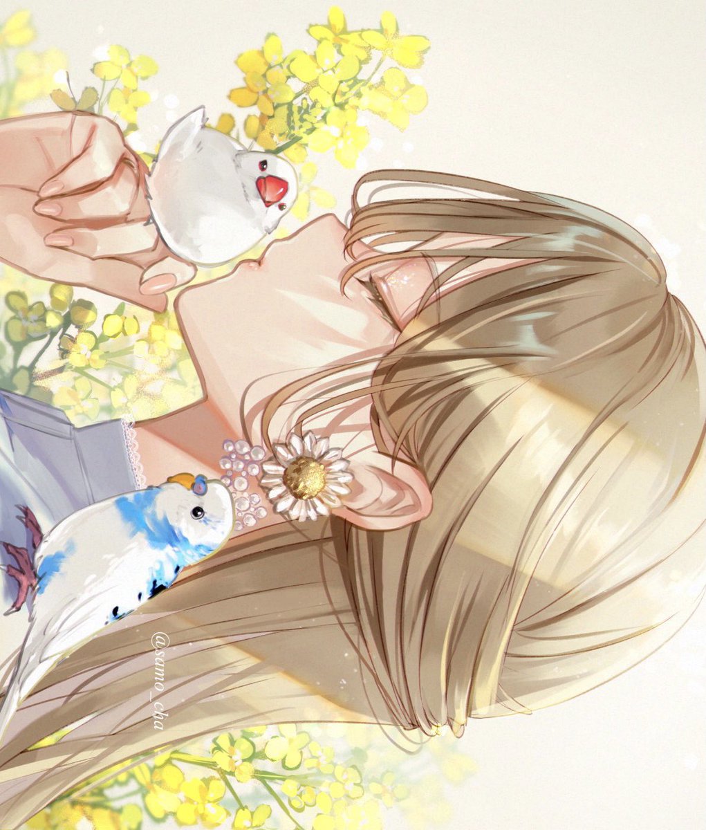 1girl flower bird earrings jewelry closed eyes yellow flower  illustration images