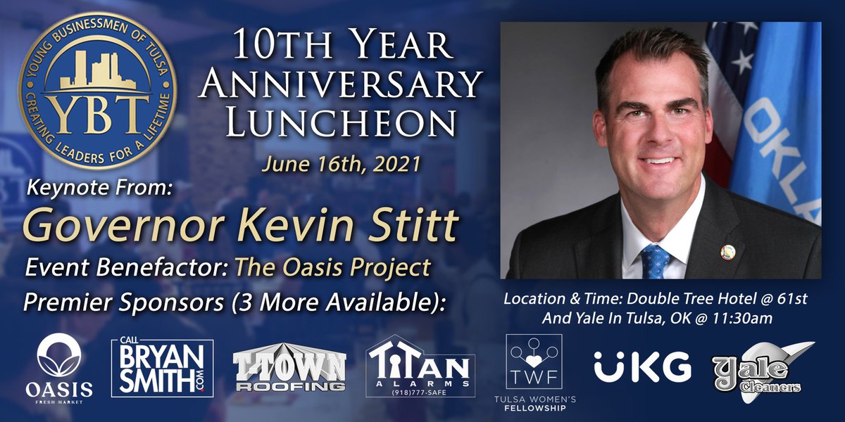 🚨Wed June 16th the Young #Businessmen of #Tulsa (YBT) <a href="/YBTulsaOk/">YBT</a> has been in operation for 10 yrs! To #celebrate we are hosting our monthly #luncheon with a keynote from the #OKLAHOMA Governor Kevin Stitt <a href="/GovStitt/">Governor Kevin Stitt</a> !
Tickets &amp; sponsors can be bought here: eventbrite.com/e/ybt-10th-yea…