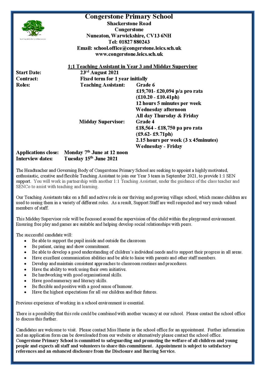 CongerstonePS's tweet photo. We currently have 3 exciting vacancies in our thriving and growing village school.  Please visit our website for more information https://t.co/uTaxY9k7bF https://t.co/8layAkNecU
