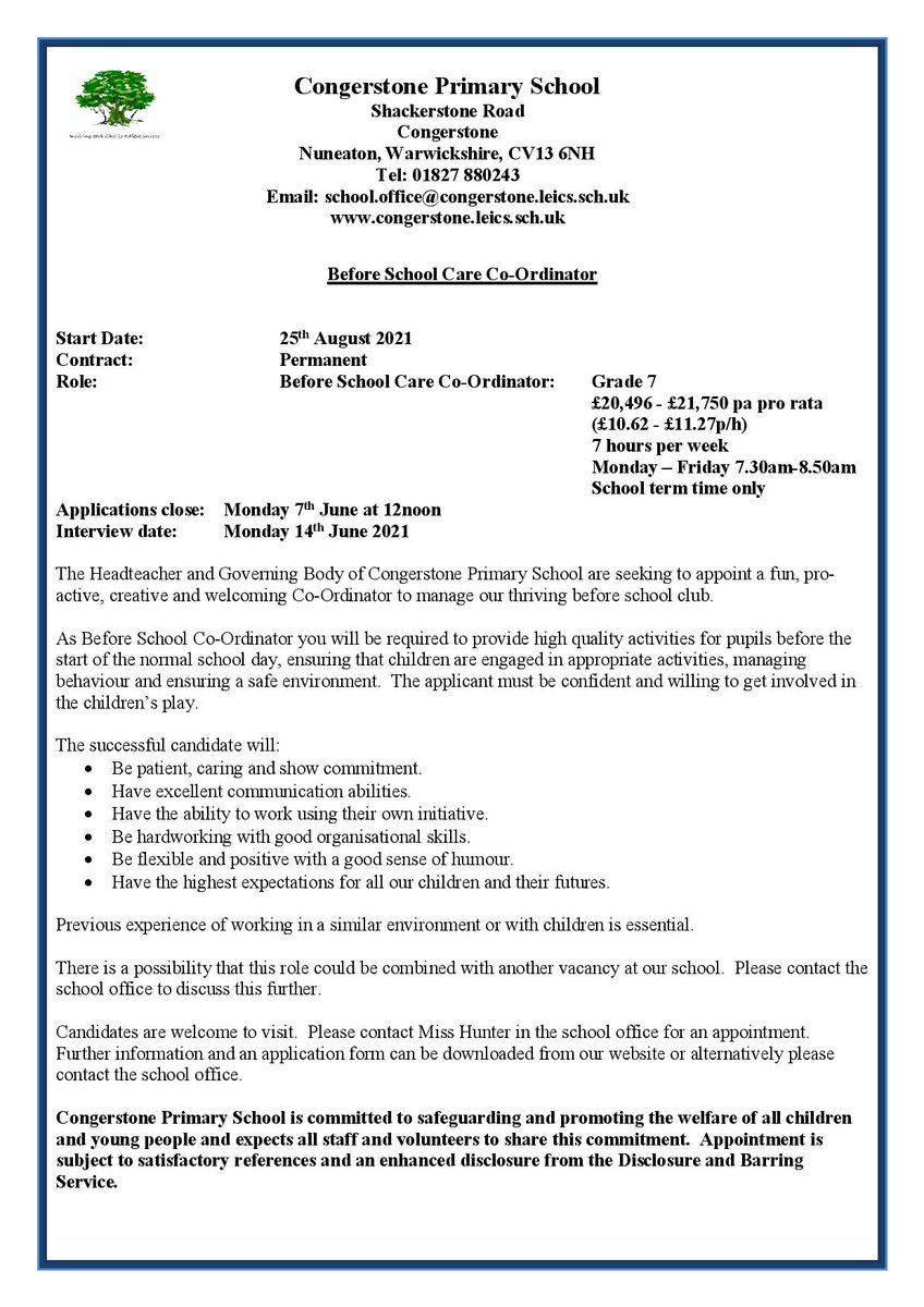 We currently have 3 exciting vacancies in our thriving and growing village school.  Please visit our website for more information congerstone.leics.sch.uk/vacancies/
