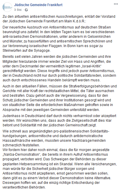 "Der neuerliche Ausbruch von #Antisemitismus auf deutschen Straßen beunruhigt uns zutiefst." - Stellungsnahme des Vorstand der Jüdischen Gemeinde #Frankfurt am Main K.d.ö.R zu den aktuellen antisemitischen Ausschreitungen.

#ffm1505 #Sicherheit #Deutschland #Hessen