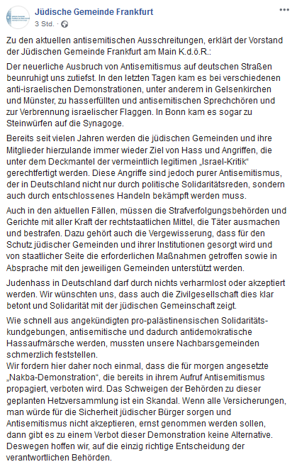 'Der neuerliche Ausbruch von #Antisemitismus auf deutschen Straßen beunruhigt uns zutiefst.' - Stellungsnahme des Vorstand der Jüdischen Gemeinde #Frankfurt am Main K.d.ö.R zu den aktuellen antisemitischen Ausschreitungen. #ffm1505 #Sicherheit #Deutschland #Hessen