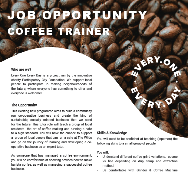 We are looking for a coffee trainer!  Do you know everything about coffee, how to buy it sustainably, how to make it beautifully? Want to share your knowledge with amazing people of Barking &amp; Dagenham participating in Coffee:Works -our co-operate incubator drive.google.com/file/d/17Tm3hl…