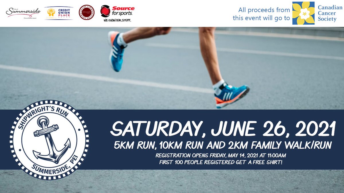 👀🏃‍♀️🏃‍♂️ Registration opens today at 11am for the first annual Shipwright's Run!

The first 100 registrations will receive a FREE Shipwright's Run tee!

*Cost is $20 with all proceeds going to the Canadian Cancer Society. Race route coming soon!

#ActiveLiving | #Summerside