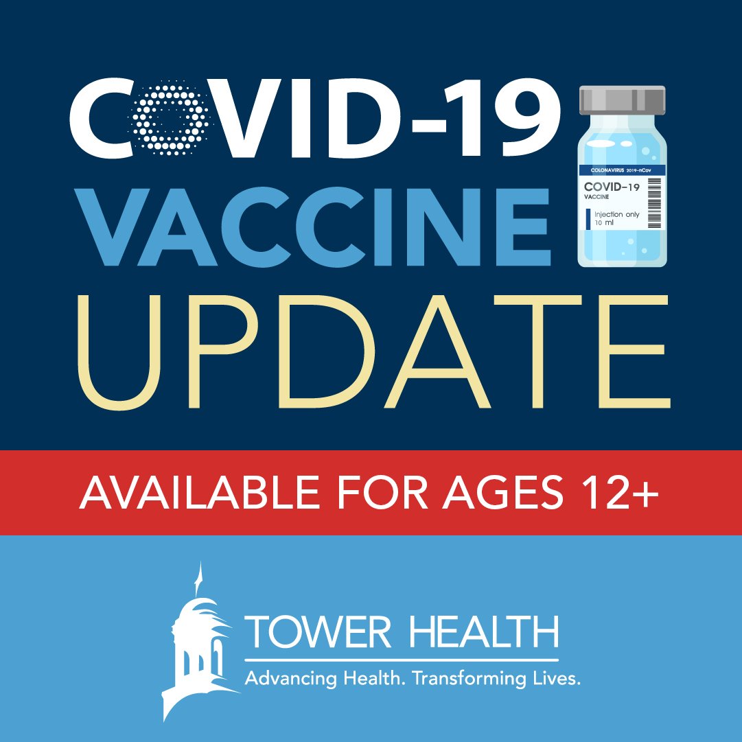 Tower Health now offers COVID-19 vaccination appointments for everyone age 12 and older! Appointments for children ages 12 to 17 will be offered at the Tower Health COVID-19 vaccine clinic in Muhlenberg on Fridays or during walk-in hours on May 20 and May 27 from 3 to 6 p.m.