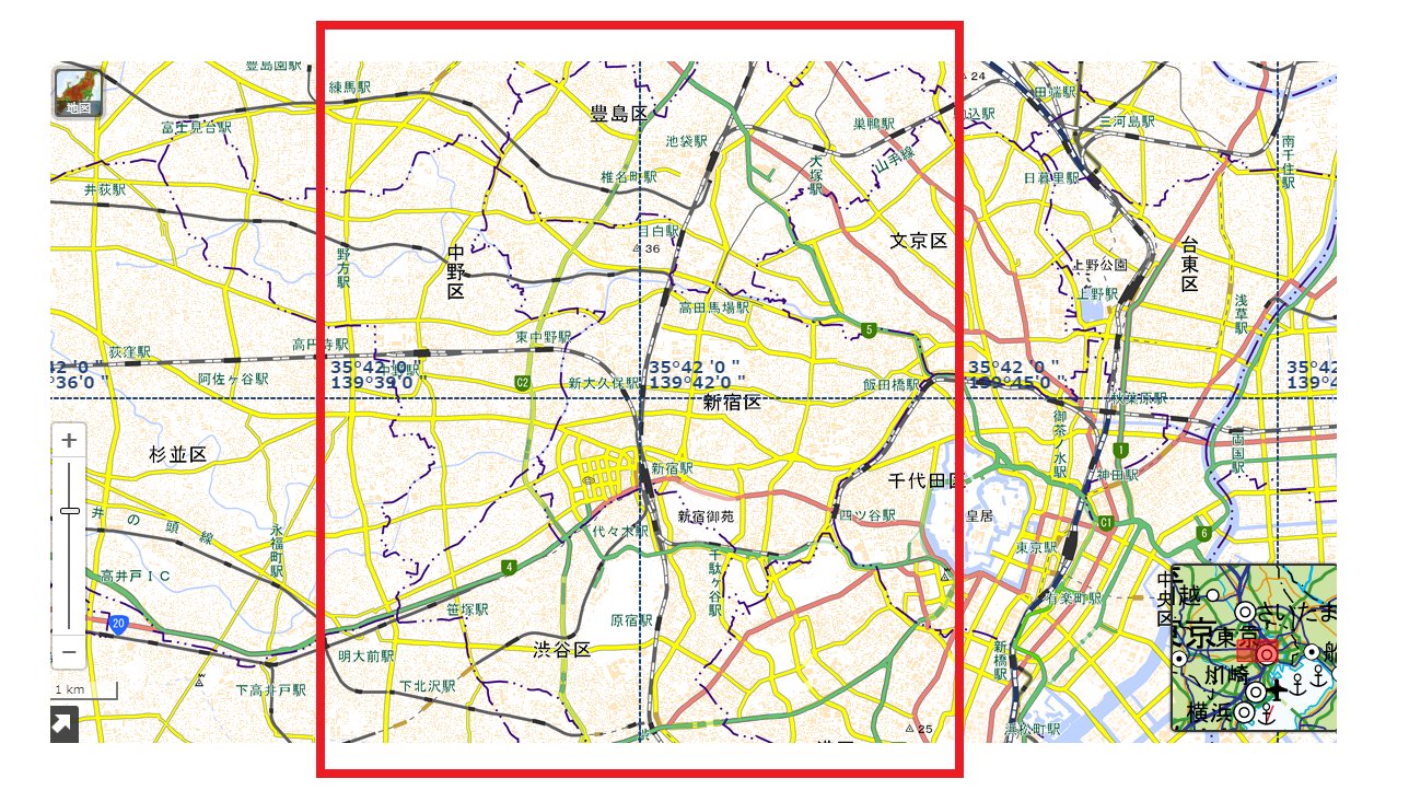 上川瀬名 新大久保の駅は ちょうど北緯35度42分 35 7度 東経139度42分 139 7度 の位置にあります ここから南北に3分 東西に3分の範囲 赤い四角の範囲 が震央と計算された場合 速報で発表される震央は北緯35 7度 東経139 7度に丸められ全て