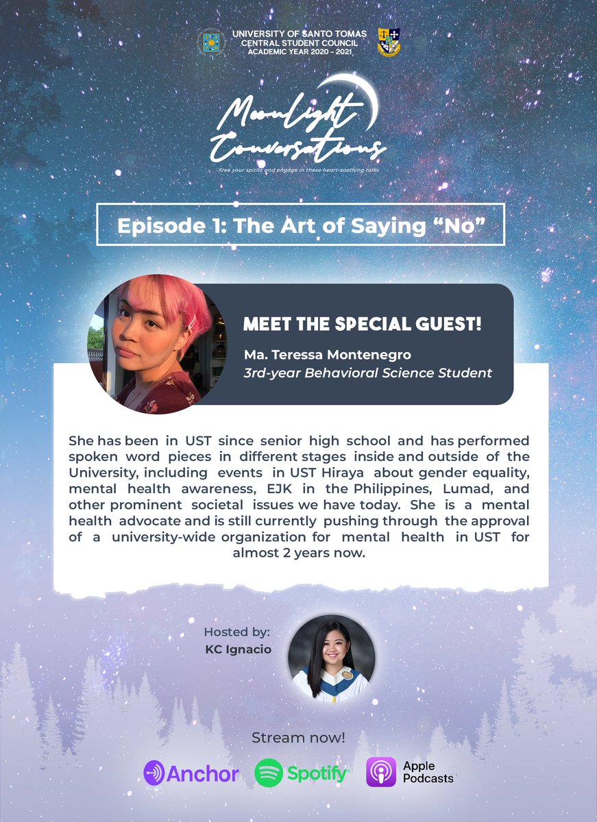 ust_csc's tweet image. Free your spirits, engage in these heart-soothing talks, and learn the art of saying “no” with the pilot episode of Moonlight Conversations. 🌙

Listen to it here: spoti.fi/3hkYgAO

#MoonlightConvosWithCSC
#CSCTranscendingBorders
#CSC2020Vision