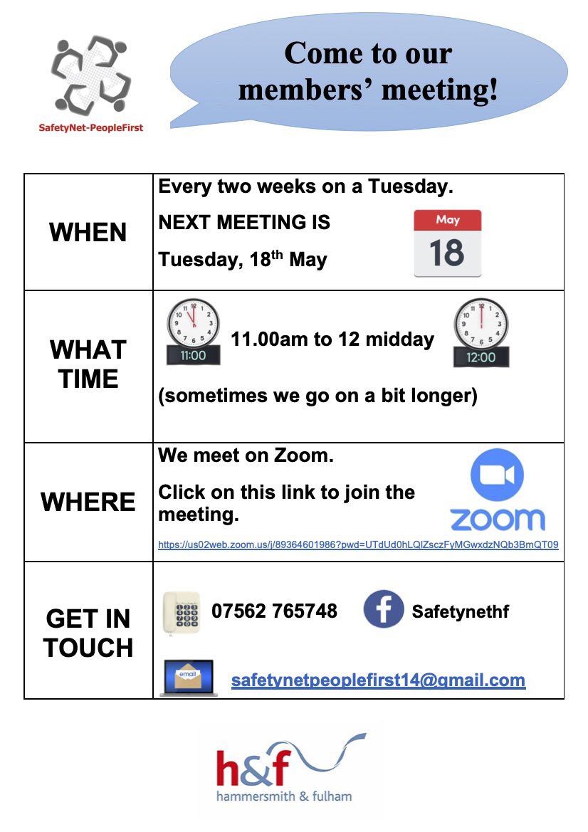 SAFETYNETHF1's tweet image. Calling people in Hammersmith and Fulham with a learning difficulty. 

Come to our members meeting! 👇

🗓 Tuesday 18th May, 11am

We’re working out what the new COVID rules are - join us and help out. 👍

@creightonhouse1 @Parentsactive @AoDisability @LBHF @YarrowPeople