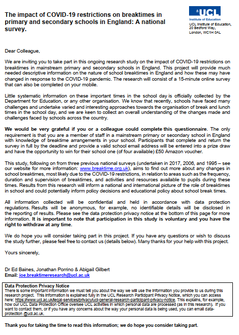 Please RT: How has the COVID-19 pandemic changed school breaktimes in mainstream primary and secondary schools in England? The 10-15 minute survey can be completed by any member of school staff:
Primary survey: tinyurl.com/yxzurxp3
Secondary survey: tinyurl.com/cw56k5j3