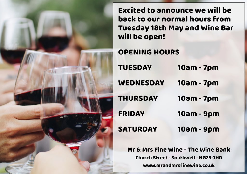 MrMrsFineWine's tweet photo. We are excited to announce that we will be back to our normal hours from Tuesday 18th May - our Wine Bar will be OPEN! ππ·#openingsoon #winebar #winetime #southwell #wine #booknow #takingbookings #calltobook #reservations https://t.co/No4dDN7SiY