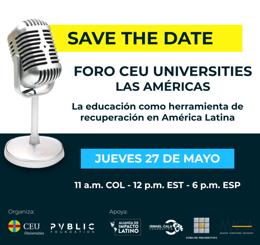 CEUuniversities's tweet photo. El próximo Foro CEU Universities Las Américas se centrará en la importancia de la educación como herramienta de recuperación en América Latina. Contaremos con la colaboración de #PVBLICFoundation #AlianzadeImpactoLatino #IsmaelCalaFoundation #ForodePresidentes #MacaConsultores https://t.co/YUaQYJ1h80