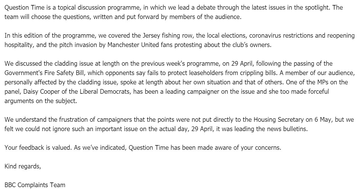 ArtoutlawsUK's tweet image. This is what @BBC has to say about @bbcquestiontime not asking 2 housing ministers @RobertJenrick any question about #claddingscandal #FireSafetyscandal on 6 May. So fish &amp;amp; football are more relevant topics for those supposedly in charge of preventing another Grenfell. Thanks BBC
