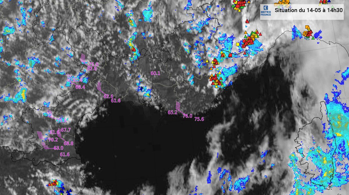 MeteoFrance_SE's tweet photo. #DirectMétéoSE
⛈️ Les #orages éclatent sur les Alpes-Maritimes et limites du Var et des Alpes-de-Haute-Provence, accompagnés de grêle

🌦️ Ailleurs des averses souvent faibles et de rares éclairs en vallée du Rhône

🌧️ En Corse les pluies s'évacuent

📸 #ObservationsParticipatives https://t.co/mZxlTmHOcu