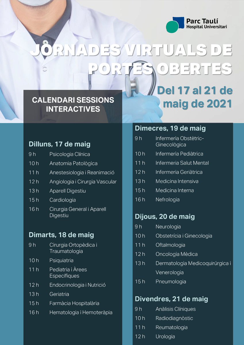 👩‍⚕️👨‍⚕️ Vine a fer la teva formació sanitària especialitzada al Parc Taulí! Les Portes Obertes per a Residents, per a metges, infermeres, farmacèutics i psicòlegs, tindran lloc entre el 17 i el 21 de maig.

💻 Accediu als enllaços a les sessions zoom > bit.ly/2Qh5Px9