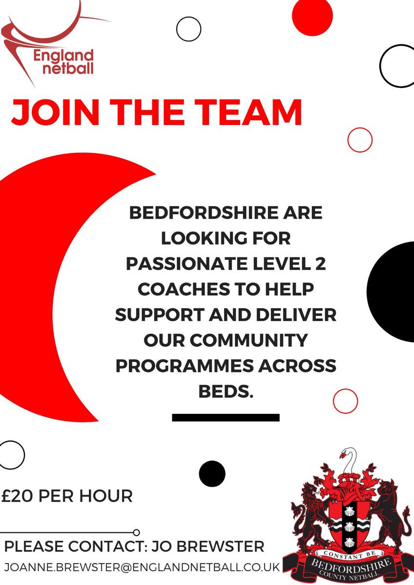 Share your Passion for Our Sport! We are looking for Level 2 Coach’s across the County. Working together around your availability to offer engaging programmes to the Beds Community. Please get in touch for more information. @teamBEDS <a href="/netballeast/">Netball East</a>