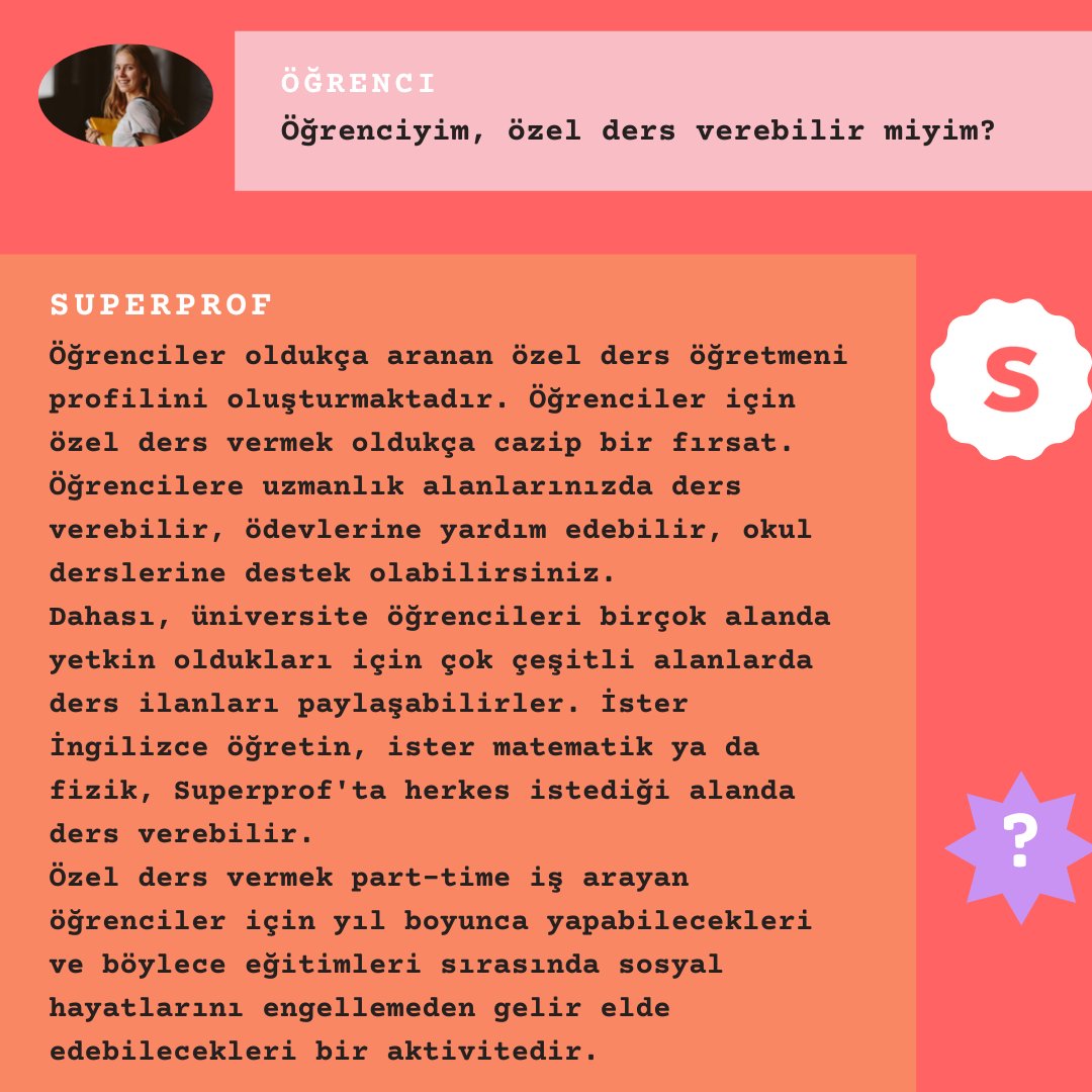 Superprof bilgisi, yeteneği, becerisi herhangi bir dalda olan kişilere fırsat vermekte olan bir sitedir. Maceraya katılmaya ne dersiniz?🤗

#superprof #superproftürkiye #özelders #ders