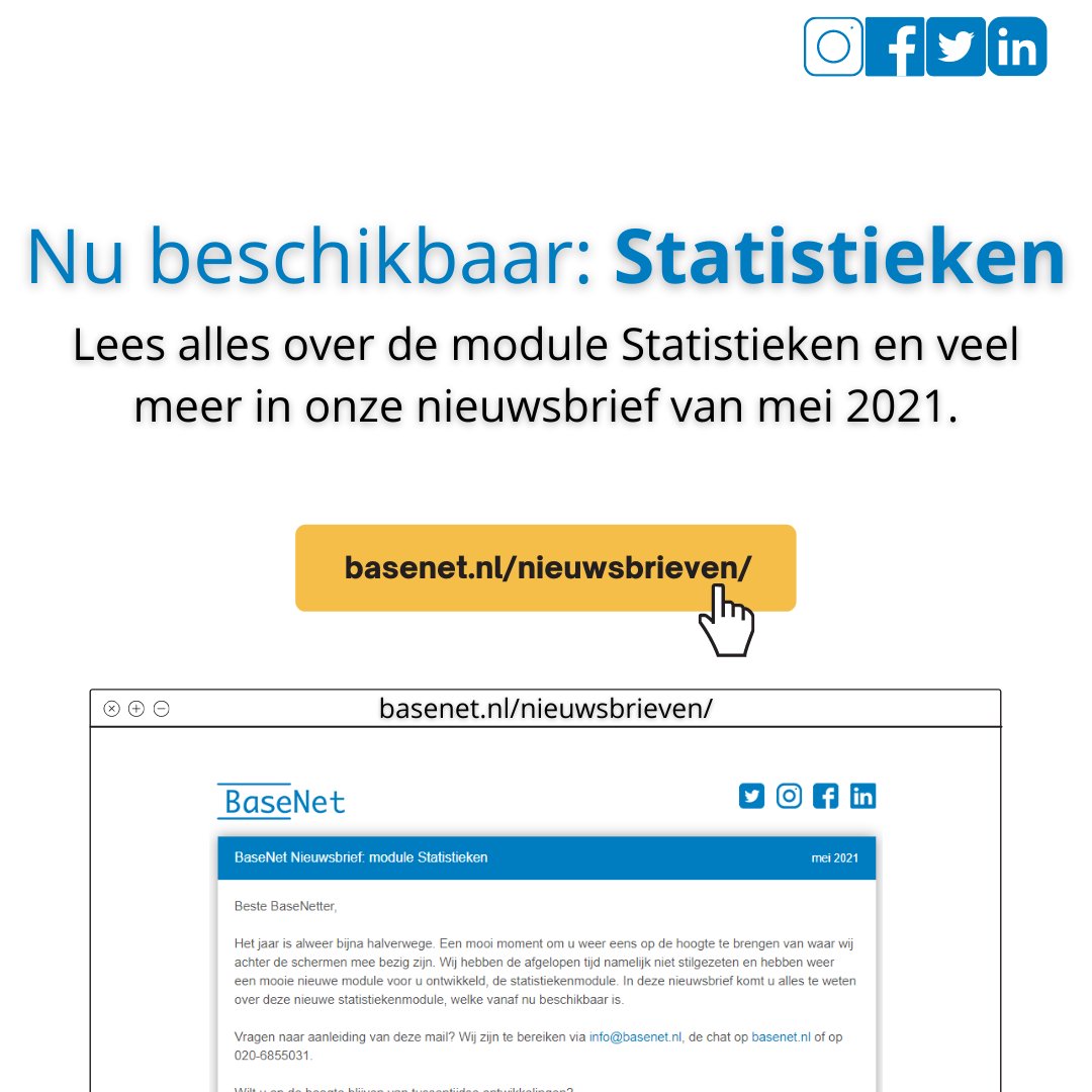 De aankondiging van de statistiekenmodule en nog veel meer leest u in onze nieuwsbrief: bit.ly/3og7FLm

Op 20 mei een webinar specifiek voor deze nieuwe module Statistieken. Aanmelden kan via onze website of: bit.ly/3w6z2dv