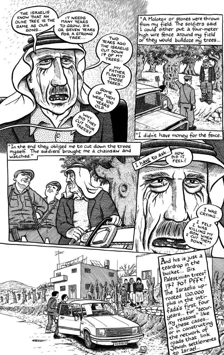 SaraAlfageeh's tweet image. If you’re following me it’s probably because you like comics. 

Read “Palestine” and “Footnotes in Gaza” by Joe Sacco. If you want to see the reality of Palestinians, and hear their lived experience, but need distance from actual video/photos of war— read Joe Sacco.