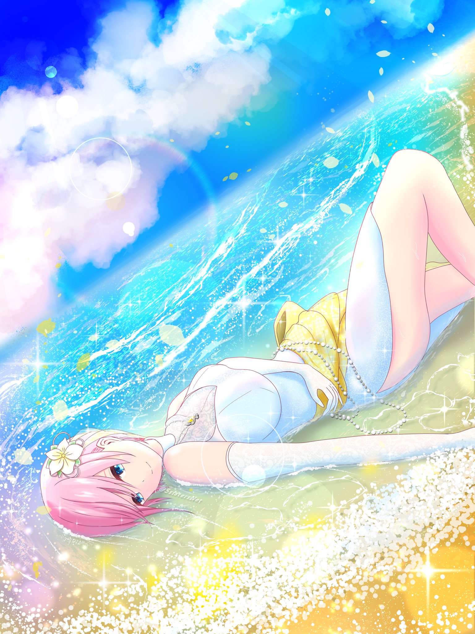 Twitter 上的 五姉妹ネット 五等分の花嫁 五等分の花嫁 一花 中野一花 ドレスデザインしてみた 背景もちゃんと描いた 好き放題描いた だいぶやりすぎた ごとぱずが南の島イベントだったから 南国ウェディングドレス姿の一花さん描いてみました 頑張ったから