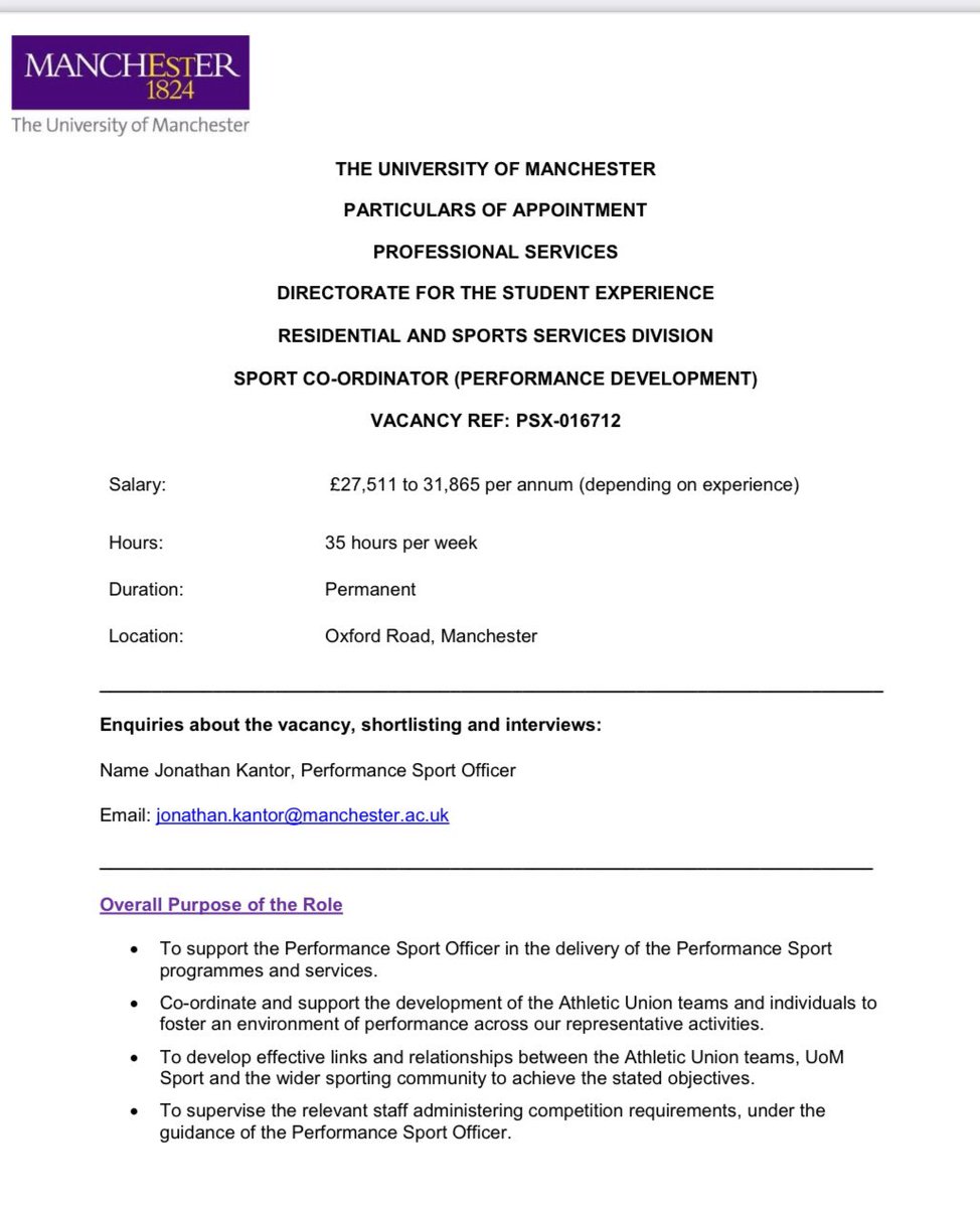JonKantor85's tweet image. Really excited to be sharing our new Sport Co-ordinator role in our @UoMSport Performance Team

An integral role in our team, supporting student-athletes to excel in sport and working in a fantastic department of coaches, practitioners &amp;amp; administrators. 

jobs.manchester.ac.uk/displayjob.asp…